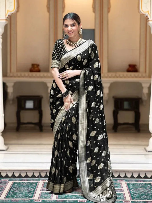 Charming Black Party Wear Saree with Golden Zari Design