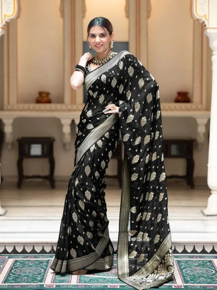 Charming Black Party Wear Saree with Golden Zari Design