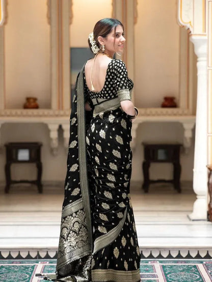 Charming Black Party Wear Saree with Golden Zari Design