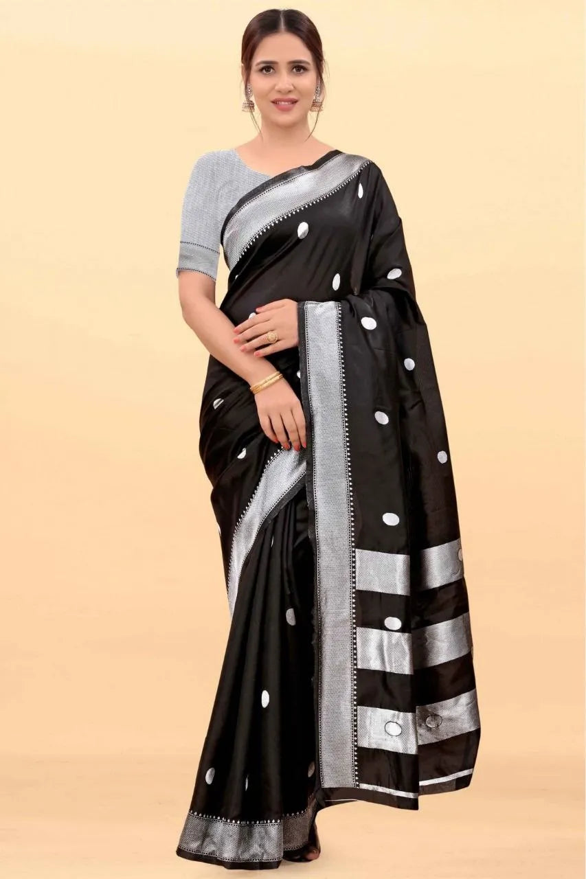 Elegant Black Banarasi Saree with Silver Detailing