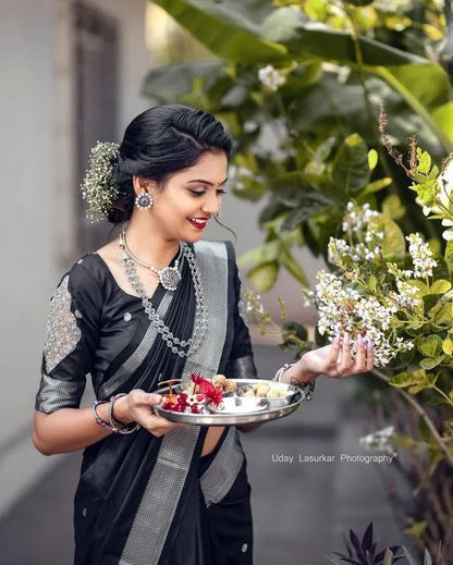 Elegant Black Banarasi Saree with Silver Detailing