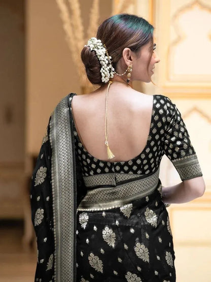 Charming Black Party Wear Saree with Golden Zari Design