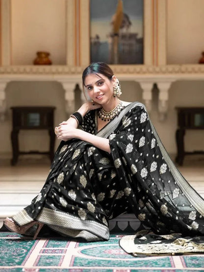 Charming Black Party Wear Saree with Golden Zari Design