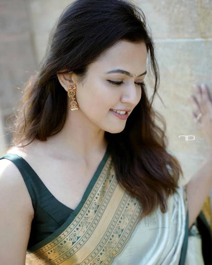 Elegant Cream Silk Saree with Green Golden Border