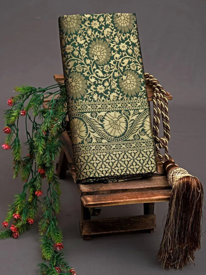 Dark Green Kanjivaram Silk Saree with Golden Zari Work