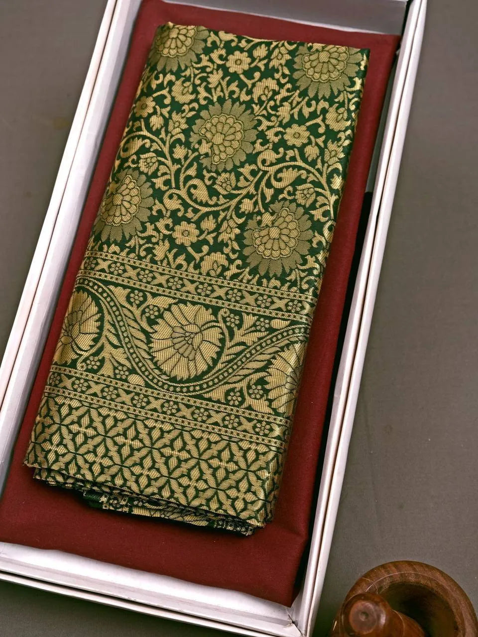 Dark Green Kanjivaram Silk Saree with Golden Zari Work