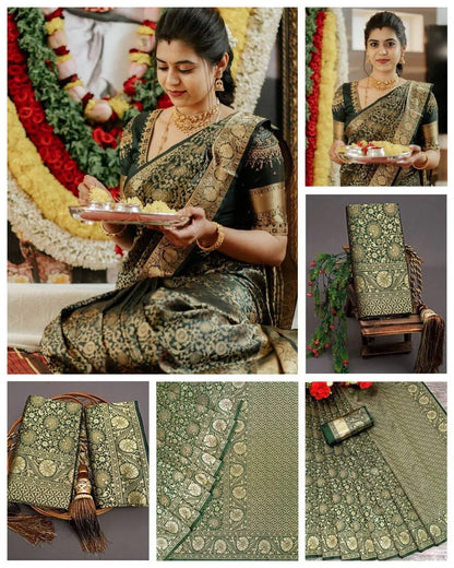 Dark Green Kanjivaram Silk Saree with Golden Zari Work