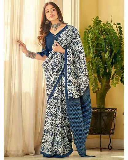 Elegant Navy Blue Printed Cotton Saree with Contrast Border