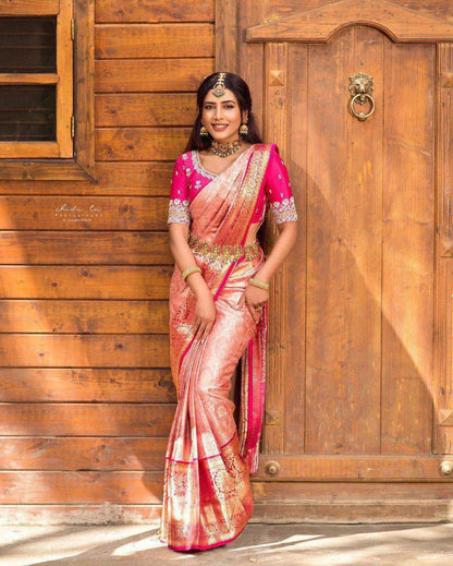 Royal Peach Pink Kanjivaram Silk Saree
