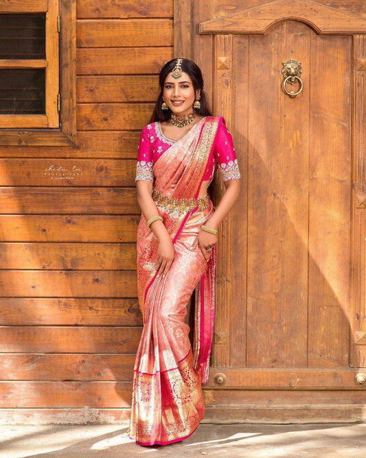 Royal Peach Pink Kanjivaram Silk Saree