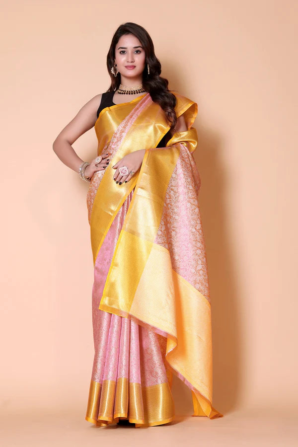 Elegant Floral Weave Saree with Rich Zari Border