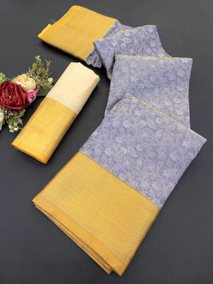 Elegant Floral Weave Saree with Rich Zari Border