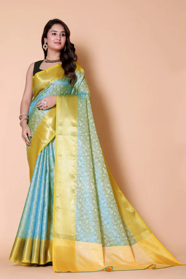 Elegant Floral Weave Saree with Rich Zari Border