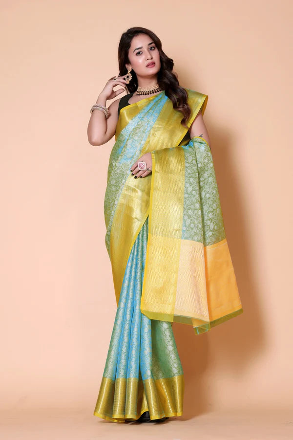 Elegant Floral Weave Saree with Rich Zari Border
