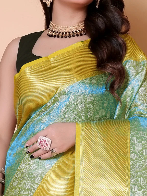 Elegant Floral Weave Saree with Rich Zari Border