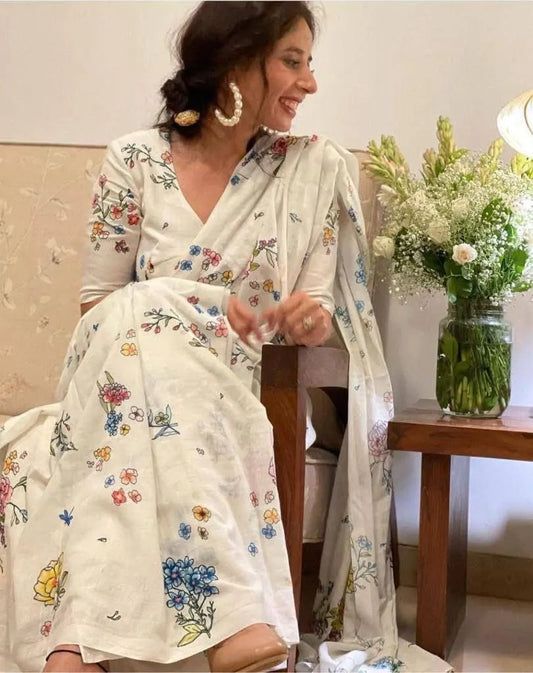 Elegant White Linen Saree with Handpainted Floral Prints