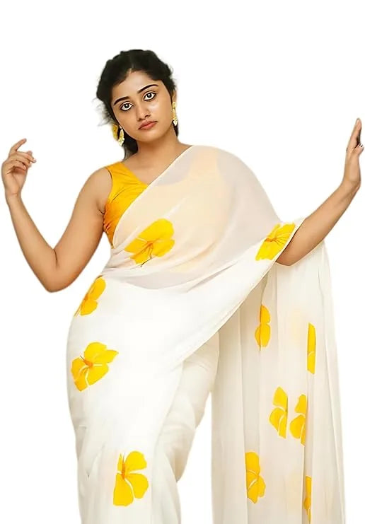 Elegant White Saree with Bright Yellow Floral Prints
