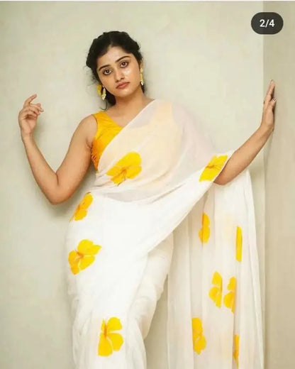 Elegant White Saree with Bright Yellow Floral Prints