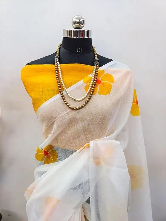 Elegant White Saree with Bright Yellow Floral Prints