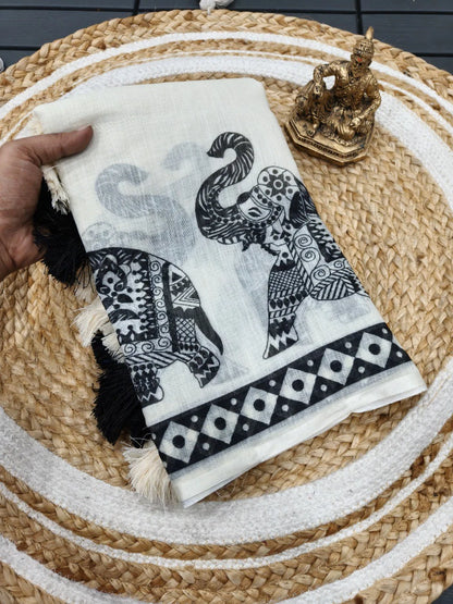 Handloom Cotton Saree with Tribal Elephant Prints