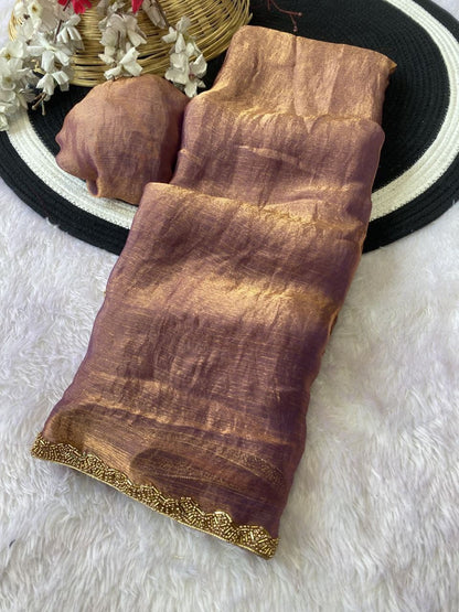 Two Tone Mustard Yellow & Green Velvet Look Saree with Golden Lace Border – Party Wear Trending Saree