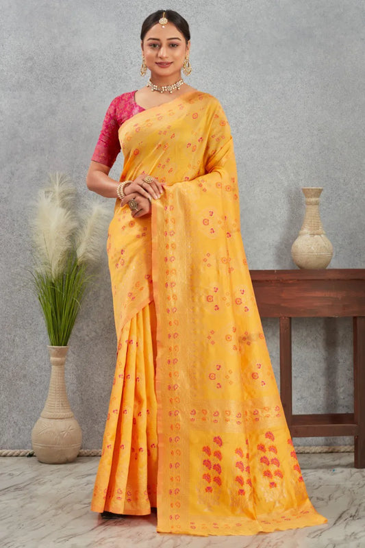 Radiant Banarasi Silk Saree with Delicate Floral Weaving