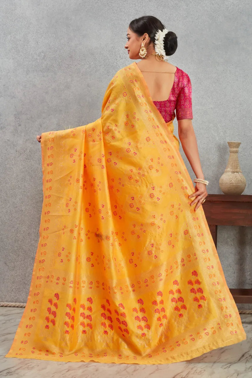 Radiant Banarasi Silk Saree with Delicate Floral Weaving