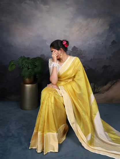 Traditional Yellow Silk Saree with Elegant Golden Zari Weaving