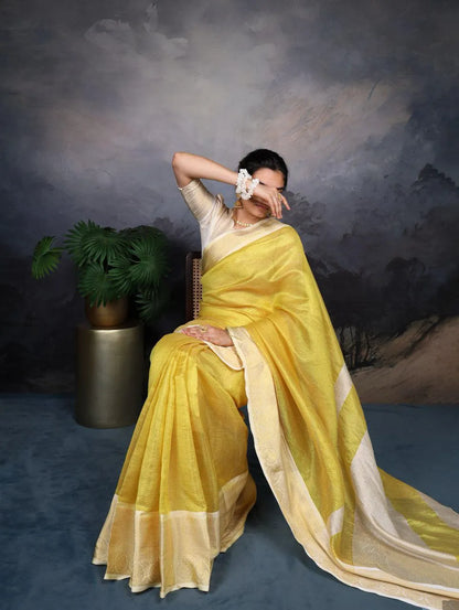 Traditional Yellow Silk Saree with Elegant Golden Zari Weaving