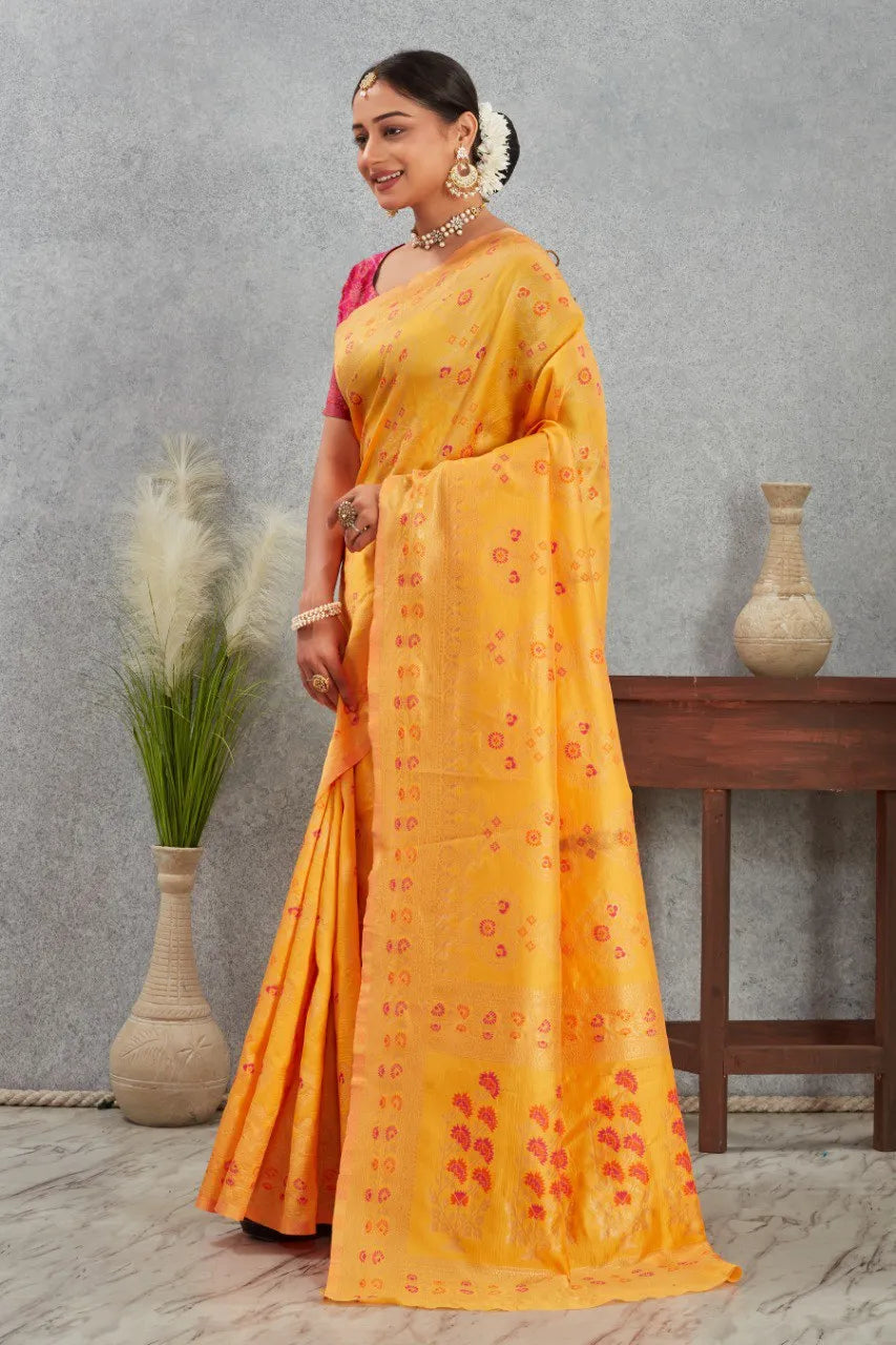 Radiant Banarasi Silk Saree with Delicate Floral Weaving