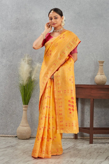 Radiant Banarasi Silk Saree with Delicate Floral Weaving