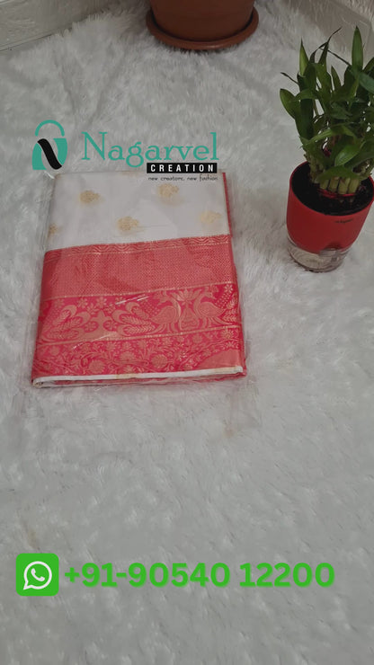 Elegant Cream Banarasi Silk Saree with Rich Pink Zari Border & Blouse