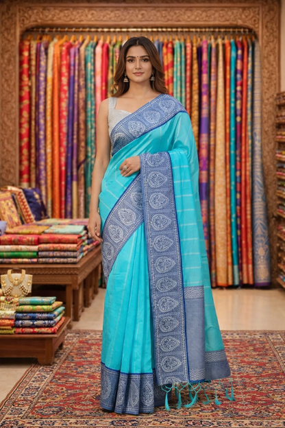 Aqua Blue Soft Lichi Silk Saree with Silver Zari Border