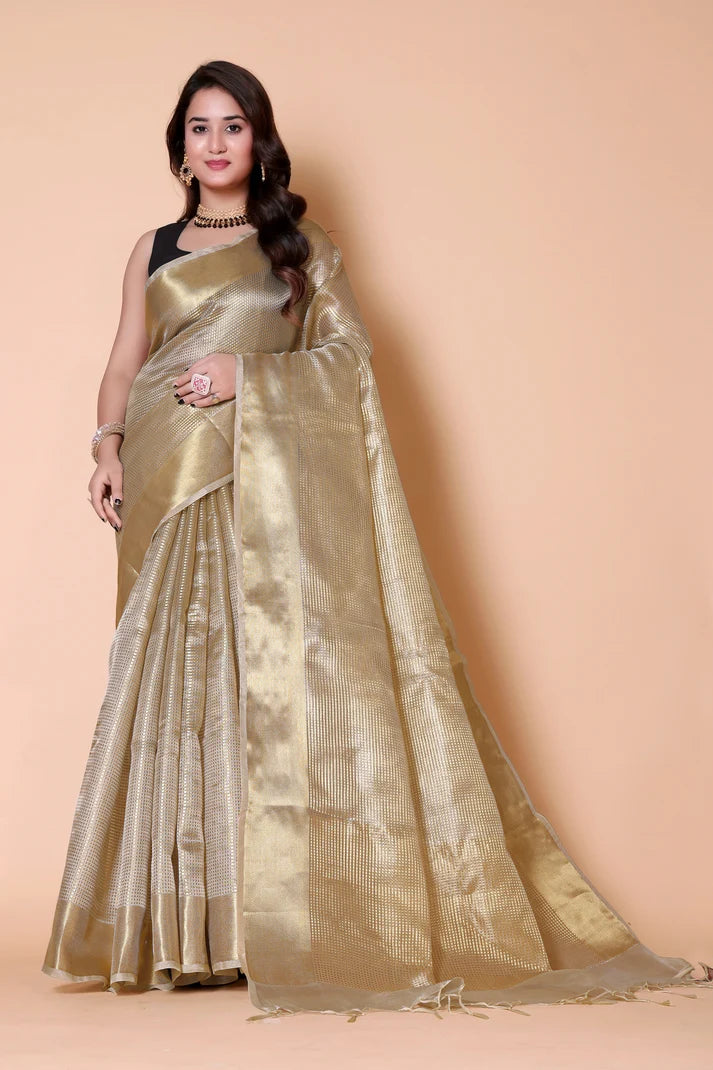 Nayan Tara Wedding Special White Saree with Golden Zari Work