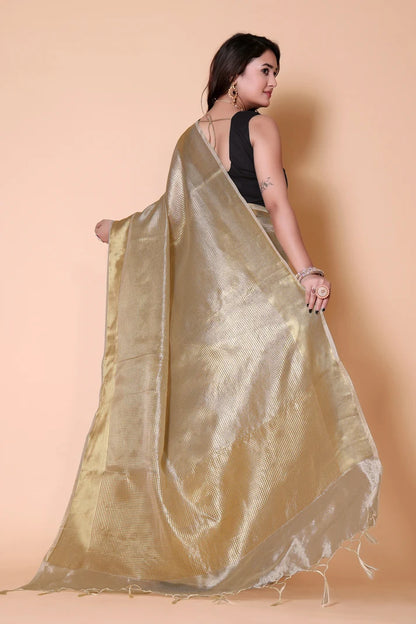 Nayan Tara Wedding Special White Saree with Golden Zari Work